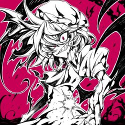 Rule 34 | 1girl, ascot, bat wings, constricted pupils, dress, hat, hat ribbon, mob cap, outline, pink background, pink eyes, pointy ears, puffy short sleeves, puffy sleeves, remilia scarlet, ribbon, sharp teeth, short hair, short sleeves, solo, spot color, teeth, touhou, touya (the-moon), uneven eyes, wings