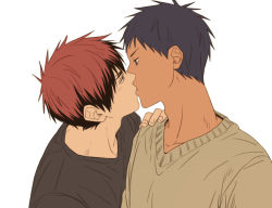 Rule 34 | 2boys, aomine daiki, blue eyes, blue hair, chinese commentary, dark-skinned male, dark skin, eye contact, kagami taiga, kiss, kuroko no basuke, looking at another, male focus, multiple boys, red eyes, red hair, shirt, simple background, sweatdrop, sweater, upper body, white background, xuan zhi yue ying, yaoi