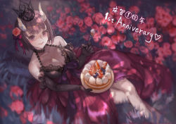 Rule 34 | 1girl, anniversary, bare shoulders, black gloves, black hair, blurry, breasts, broken horn, cake, cleavage, collarbone, commentary request, crossed legs, crown, demon girl, demon horns, depth of field, dress, elbow gloves, eriko (princess connect!), fengyin shici guozi, flower, food, gloves, head tilt, heart, highres, holding, holding cake, holding food, horns, large breasts, long dress, looking at viewer, pink lips, princess connect!, purple dress, purple eyes, red flower, red rose, rose, see-through, shaded face, short hair, sitting, sleeveless, sleeveless dress, smile, solo