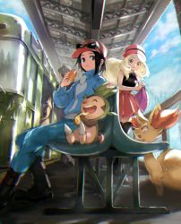 Rule 34 | 2boys, 2girls, baseball cap, bench, black-framed eyewear, black footwear, black legwear, black shirt, blonde hair, blue jacket, boots, calem (pokemon), can, chespin, closed mouth, cloud, collared shirt, commentary request, creatures (company), day, eyewear on headwear, fence, fennekin, floating hair, game freak, gen 6 pokemon, green pants, grey eyes, hand up, hat, highres, holding, holding can, jacket, long sleeves, multiple boys, multiple girls, nintendo, open mouth, orange mikan, outdoors, pants, pink headwear, pleated skirt, pokemon, pokemon (creature), pokemon xy, purple bag, red headwear, red skirt, serena (pokemon), shirt, shoes, sitting, skirt, sky, sleeveless, sleeveless shirt, smile, sunglasses, thighhighs