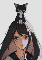 Rule 34 | 1girl, :3, animal, animal on head, black cat, black hair, cat, cat on head, glasses, green eyes, grey background, grey serafuku, highres, juusan kihei bouei ken, long hair, on head, rimless eyewear, sailor collar, sakitteny, school uniform, serafuku, shippou (juusan kihei bouei ken), simple background, sitting, sitting on head, sitting on person, straight hair, yakushiji megumi