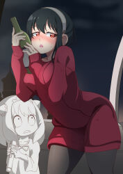 Rule 34 | 2girls, :o, absurdres, alcohol, anya (spy x family), black hair, blush, bottle, breasts, constricted pupils, dress, drunk, hairband, highres, holding, holding bottle, k hyeonee, large breasts, multiple girls, open mouth, pantyhose, red sweater, sidelocks, spy x family, standing, sweater, sweater dress, yor briar