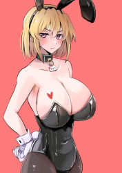 Rule 34 | 1girl, alternate costume, animal ears, bare shoulders, black collar, blonde hair, blush, breasts, cleavage, closed mouth, collar, covered navel, fang, gloves, heart, heart tattoo, highres, higurashi no naku koro ni, houjou satoko, huge breasts, large breasts, leotard, long28, looking at viewer, playboy bunny, purple eyes, rabbit ears, rabbit tail, red background, short hair, simple background, skin fang, solo, sweat, tail, tattoo, white gloves