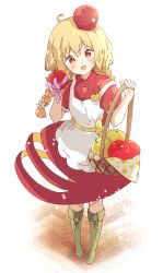 Rule 34 | 1girl, :d, ahoge, apple, apron, bad id, bad pixiv id, basket, blonde hair, blush, boots, braid, dress, food, food-themed clothes, frilled apron, frills, fruit, full body, green footwear, hair between eyes, highres, holding, holding basket, holding food, holding fruit, knee boots, long hair, open mouth, original, puffy short sleeves, puffy sleeves, red apple, red dress, red eyes, short eyebrows, short sleeves, smile, solo, standing, thick eyebrows, tsukiyo (skymint), twin braids, white apron, white background