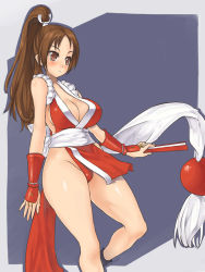 Rule 34 | 1girl, breasts, brown eyes, brown hair, cleavage, fatal fury, hip focus, long hair, nagase haruhito, pelvic curtain, ponytail, revealing clothes, shiranui mai, snk, solo, the king of fighters, wide hips