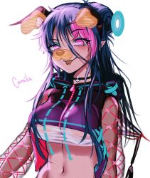 Rule 34 | 1girl, bad id, bad twitter id, black hair, blush, bsapricot, camila (uragoner), closed mouth, forked tongue, heart, heart-shaped pupils, highres, long hair, looking at viewer, multicolored hair, navel, piercing, pink eyes, pink hair, pointy ears, see-through, smile, snapchat, solo, symbol-shaped pupils, teeth, tongue, tongue out, tongue piercing, upper teeth only, uragoner, zipper, zipper pull tab