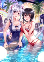 Rule 34 | 6+girls, :d, aldehyde, bikini, black hair, blue one-piece swimsuit, blush, breasts, cleavage, collarbone, commentary request, covered navel, faceless, faceless female, frilled swimsuit, frills, hair between eyes, hair ornament, hairclip, hands on another&#039;s shoulder, highres, imoko (neeko&#039;s sister), innertube, large breasts, long hair, looking at viewer, multiple girls, neeko (aldehyde), o-ring, o-ring bikini, one-piece swimsuit, open mouth, original, palm tree, pool, red bikini, red eyes, short hair, siblings, silver hair, sisters, smile, swim ring, swimsuit, tree, twintails, wading, water