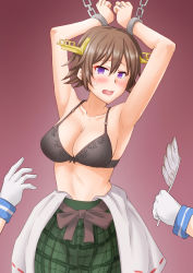 Rule 34 | 1girl, 2others, anti (untea9), black bra, bra, brown background, brown hair, chain, commentary request, cowboy shot, feathers, flipped hair, gradient background, green skirt, hairband, headgear, hiei (kancolle), highres, jewelry, kantai collection, looking at viewer, multiple others, open clothes, plaid, plaid skirt, purple eyes, restrained, ring, short hair, skirt, underwear, wedding band, you gonna get raped
