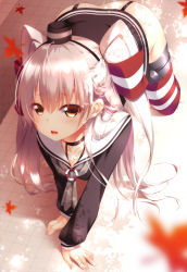 Rule 34 | 10s, 1girl, all fours, amatsukaze (kancolle), bad id, bad pixiv id, breasts, brown eyes, garter straps, hair tubes, hairband, hat, highres, kadokawa shoten, kantai collection, leaf, long hair, looking at viewer, maple leaf, no panties, open mouth, shokuyou mogura, silver hair, small breasts, solo, striped clothes, striped thighhighs, thighhighs, two side up
