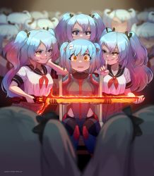 Rule 34 | 6+girls, absurdres, blue hair, flaming sword, flaming weapon, grin, hair ornament, hand on own cheek, hand on own face, highres, holding, holding sword, holding weapon, ii (peps art), index finger raised, long hair, multiple girls, multiple persona, nine (peps art), open mouth, original, peps art, sailor collar, school uniform, shirt, short sleeves, smile, suweeka, sword, teeth, twintails, weapon, white shirt, yellow eyes