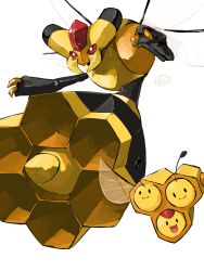 Rule 34 | :d, antennae, bug, claws, combee, creatures (company), evolutionary line, full body, game freak, gen 4 pokemon, insect wings, nintendo, no humans, open mouth, pokemon, pokemon (creature), signature, simple background, smile, vespiquen, white background, wings, yunimaru