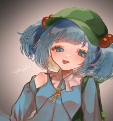Rule 34 | 1girl, :p, backpack, bag, blue eyes, blue hair, blue shirt, blunt bangs, breasts, commentary request, grey background, hair bobbles, hair ornament, half-closed eyes, hand up, hat, highres, kawashiro nitori, key, long sleeves, petite, pukuno, shirt, signature, simple background, small breasts, solo, tongue, tongue out, touhou, upper body
