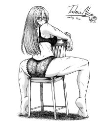 Rule 34 | 2girls, alice margatroid, arm rest, ass, back, bare arms, bare legs, bare shoulders, barefoot, blush, bra, braid, breasts, chair, dimples of venus, from behind, full body, greyscale, hair between eyes, hands up, hong meiling, koyubi (littlefinger1988), lace, lace panties, large breasts, long hair, looking at viewer, looking back, monochrome, multiple girls, outstretched arm, panties, parted lips, scar, see-through, side braid, simple background, sitting, sitting backwards, soles, solo focus, spread legs, tiptoes, toes, touhou, underwear, underwear only