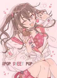 Rule 34 | 1girl, breasts, brown eyes, brown hair, chocolate, cleavage, earrings, feet out of frame, food, hamuchosu, heart, highres, holding, holding chocolate, holding food, idolmaster, idolmaster cinderella girls, jacket, jewelry, long hair, long sleeves, looking at viewer, miniskirt, mole, mole under eye, off shoulder, one eye closed, open mouth, pink nails, pink shirt, pink skirt, pom pom (clothes), pom pom earrings, sharp teeth, shirt, sidelocks, skirt, small breasts, smile, solo, sparkle, strapless, strapless shirt, sunazuka akira, teeth, two side up, unzipped, upper teeth only, white jacket