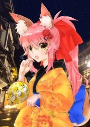 Rule 34 | &lt;o&gt; &lt;o&gt;, 1girl, animal ear fluff, animal ears, breasts, earrings, egyptian, egyptian clothes, fang, fate/grand order, fate (series), fox ears, fox tail, hair ornament, hair ribbon, hairclip, hoop earrings, jackal ears, japanese clothes, jewelry, kimono, large breasts, looking at viewer, medjed (fate), mimi, night, night sky, nightgown, nitocris (fate), open mouth, outdoors, pink hair, ponytail, purple hair, red ribbon, ribbon, sky, solo, tail, tamamo (fate), tamamo cat (fate), yellow eyes