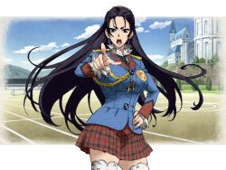 Rule 34 | 00s, 1girl, alternate hair color, artist request, black hair, breasts, church, darcsen, earrings, epaulettes, jewelry, juliana eberhardt, large breasts, long hair, military, military uniform, plaid, plaid skirt, pointing, pointing at viewer, senjou no valkyria, senjou no valkyria (series), senjou no valkyria 2, skirt, solo, source request, thighhighs, uniform, very long hair, white thighhighs