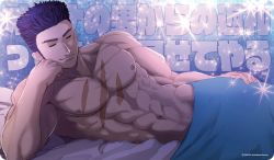 Rule 34 | 1boy, abs, bed, blanket, completely nude, closed eyes, fate/grand order, fate (series), fergus mac roich (fate), hand on own hip, head rest, highres, lying, male focus, muscular, muscular male, navel, nipples, nude, on side, pectorals, purple hair, ringoen, scar, scar on chest, short hair, sideburns, smile, solo, sparkle, undercut, uppercut
