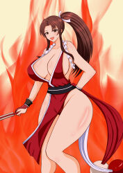 Rule 34 | 1girl, breasts, fatal fury, highres, huge breasts, long hair, ponytail, shiranui mai, smile, solo