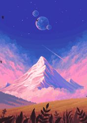 Rule 34 | animated, animated gif, cloud, commentary, dusk, english commentary, falling leaves, grass, grasslands, highres, landscape, leaf, moon, mountain, mountainous horizon, multiple moons, nature, no humans, original, outdoors, pink clouds, pixel art, purple sky, sky, star (sky), starry sky, tofupixel, wind