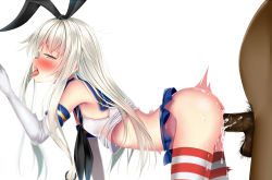 Rule 34 | 10s, 1boy, 1girl, ass, bare shoulders, blonde hair, blush, breasts, clothed female nude male, clothes lift, cowboy shot, crop top, dark-skinned male, dark skin, elbow gloves, gloves, hairband, heavy breathing, hetero, interracial, kantai collection, long hair, male pubic hair, microskirt, midriff, nude, penis, profile, pubic hair, puririn, red thighhighs, saliva, see-through, sex, shimakaze (kancolle), shirt lift, simple background, skirt, skirt lift, small breasts, solo focus, striped clothes, striped thighhighs, testicles, thighhighs, tongue, tongue out, uncensored, white background, white gloves, white thighhighs