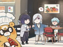 Rule 34 | 2boys, 2girls, ahoge, anger vein, angry, aunt and nephew, blue eyes, blue hair, bob cut, bottle, chair, chef hat, chili pepper, chongyun (genshin impact), closed eyes, commentary, cup, drinking glass, food, fork, genshin impact, gradient eyes, guoba (genshin impact), hair over one eye, hat, holding, holding bottle, holding fork, long hair, multicolored eyes, multiple boys, multiple girls, open mouth, panda, pasta, pointing, pointing at another, restaurant, shenhe (genshin impact), short hair, spoken anger vein, squeeze bottle, sweat, symbol-only commentary, table, tearing up, tongue, tongue out, white hair, xinzoruo, yelan (genshin impact), yelan (pizza hut) (genshin impact)