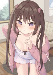 Rule 34 | absurdres, blurry, blurry background, blush, breasts, brown hair, camisole, carpet, cleavage, closed mouth, downblouse, feet out of frame, frilled camisole, frills, hair between eyes, hair intakes, hair ornament, hair scrunchie, hand on own hip, highres, index finger raised, indoors, jacket, leaning forward, long hair, looking at viewer, off shoulder, open clothes, open jacket, original, oumiya hinari, pink jacket, pout, purple eyes, scrunchie, short hair, shorts, small breasts, spaghetti strap, standing, twintails, white camisole, white shorts, wooden floor