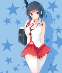 Rule 34 | 10s, 1girl, alternate costume, bag, bare shoulders, black hair, blue background, breasts, cleavage, commentary request, eyebrows, hair ornament, highres, jewelry, kantai collection, large breasts, looking at viewer, necklace, pleated skirt, red eyes, red skirt, school bag, school uniform, short hair, skirt, solo, star (symbol), starry background, tebi (tbd11), thighhighs, white thighhighs, yamashiro (kancolle)