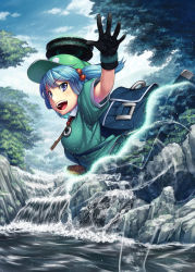 Rule 34 | 1girl, bag, black gloves, blue eyes, blue hair, blue sky, breasts, day, gloves, h kasei, hair bobbles, hair ornament, hat, invisible, kawashiro nitori, key, matching hair/eyes, medium breasts, open mouth, river, sky, smile, solo, spell, stealth, touhou, tree, twintails, two side up, water