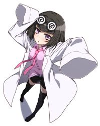 Rule 34 | 1girl, @ @, arms up, black hair, black shorts, black thighhighs, blunt bangs, blush, coke-bottle glasses, from above, glasses, lab coat, looking at viewer, necktie, open mouth, pink eyes, pink shirt, senki zesshou symphogear, shiny skin, shirt, short hair, shorts, simple background, sleeves past wrists, solo, standing, thighhighs, tsukamoto kensuke, tsukuyomi shirabe, white background