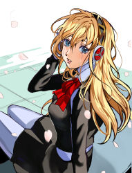 Rule 34 | 1girl, aegis (persona), alternate hair length, alternate hairstyle, android, arm rest, bench, black jacket, black skirt, blonde hair, blue eyes, bow, bowtie, breasts, collared shirt, commentary, crying, crying with eyes open, falling petals, gekkoukan high school uniform, hair between eyes, hand in own hair, hand up, headphones, highres, jacket, joowon (jju oon), long hair, long sleeves, looking at viewer, medium breasts, outdoors, parted lips, persona, persona 3, petals, pink lips, red bow, school uniform, shirt, sitting, skirt, solo, tears, tile floor, tiles, white shirt