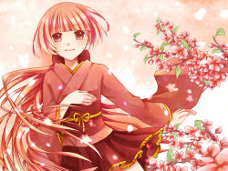 Rule 34 | 1girl, asagi (seal47), bow, cherry blossoms, female focus, gradient background, hair bow, japanese clothes, long hair, nature, nekomura iroha, pink hair, plant, ponytail, smile, solo, very long hair, vocaloid