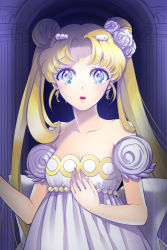 Rule 34 | 1990s (style), 1girl, bad id, bad pixiv id, bare shoulders, bishoujo senshi sailor moon, blonde hair, blue eyes, crescent, crescent facial mark, double bun, dress, facial mark, flower, forehead mark, hair flower, hair ornament, hairpin, highres, long hair, princess serenity, puffy sleeves, retro artstyle, rose, shainea, solo, strapless, strapless dress, tears, tsukino usagi, twintails, white dress, white flower, white rose