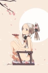 Rule 34 | 1girl, alcohol, backless dress, backless outfit, bare legs, barefoot, brown eyes, cherry blossoms, clothes between thighs, commentary request, crossed legs, cup, dress, feet, from side, full body, hair ornament, highres, indian style, ka-no, long hair, looking at viewer, looking to the side, original, pink background, ponytail, sakazuki, sake, silver hair, simple background, sitting, sleeveless, sleeveless dress, solo, white dress