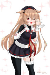 Rule 34 | 1girl, 1other, asymmetrical clothes, black serafuku, black skirt, black thighhighs, commentary request, dated, garter straps, gloves, gradient hair, hair flaps, kantai collection, leaning forward, light brown hair, long hair, masara (chuujou), multicolored hair, murasame (kancolle), murasame kai ni (kancolle), neckerchief, one-hour drawing challenge, one eye closed, pleated skirt, red eyes, red neckerchief, school uniform, serafuku, single thighhigh, skirt, smile, sparkle background, the yuudachi-like creature, thighhighs, twintails, twitter username, two side up, white background, white gloves
