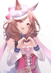 Rule 34 | 1girl, animal ears, belt pouch, breasts, brown hair, cabbie hat, commentary request, elanore, hair ornament, hairclip, hat, heart, heart hands, horse ears, looking at viewer, matikane tannhauser (umamusume), medium breasts, medium hair, open mouth, pouch, ribbon, sparkle, umamusume, white background