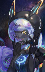 Rule 34 | 1girl, absurdres, android, black skin, blue hair, chromatic aberration, colored skin, commentary request, facial mark, helmet, highres, miyano haruto, multicolored hair, one eye closed, original, parted lips, scar, scar across eye, science fiction, solo, space helmet, two-tone hair, white hair, yellow eyes