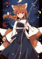 Rule 34 | 1girl, ahoge, animal ears, arrow (projectile), blue bow, blue sash, blue skirt, bow, bow (weapon), braid, braided ponytail, brown hair, closed mouth, commentary request, crescent moon, facing viewer, falling petals, feet out of frame, foliage, fox ears, fox girl, fox tail, frown, hair ribbon, highres, holding, holding arrow, holding bow (weapon), holding weapon, japanese clothes, kimono, long hair, long sleeves, looking at viewer, moon, multiple tails, muneate, night, obi, original, petals, quiver, red eyes, ribbon, sash, skirt, solo, standing, star (sky), tail, weapon, white kimono, wide sleeves, yukinagi