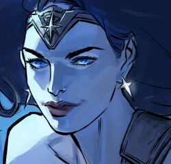 Rule 34 | 1girl, blue eyes, blue theme, circlet, close-up, closed mouth, commentary, cosmetics, dc comics, earrings, floating hair, huangdanlan, jewelry, long hair, red lips, sidelighting, single bare shoulder, smile, solo, symbol-only commentary, wonder woman, wonder woman (series)