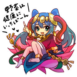 Rule 34 | 1girl, :3, :d, anklet, aqua eyes, arm behind back, arm support, armlet, bangle, barefoot, blue hair, bracelet, chibi, flower, full body, hair ornament, heart, highres, jewelry, lakshmi (p&amp;d), long hair, long sleeves, lots of jewelry, lotus, necklace, no nose, open mouth, outline, pikomarie, pointing, puzzle &amp; dragons, simple background, sitting, smile, solo, text focus, translation request, twintails, white background