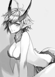 1girl ahoge all_fours arm_support artist_name breasts cleavage collarbone earrings female_focus greyscale horns jewelry lamia light_smile looking_at_viewer monochrome monster_girl necklace original pasties pointy_ears short_hair slit_pupils smile solo twitter_username yutif