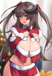 Rule 34 | 1girl, :d, arunira, blurry, blurry background, blush, bow, breast curtains, breast suppress, breasts, bright pupils, brll, brown hair, christmas, cleavage, cowboy shot, demon girl, demon horns, depth of field, detached sleeves, fang, fur trim, hair bow, hands up, highres, horns, huge breasts, long hair, long sleeves, looking at viewer, open mouth, original, pelvic curtain, red bow, red eyes, santa costume, skin fang, smile, solo, standing, two side up, white pupils