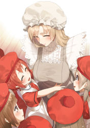 Rule 34 | 10s, 5girls, :d, ^ ^, ae-3803, aged down, apron, beret, blush, breasts, brown apron, brown eyes, closed eyes, collared shirt, commentary request, dress, erythroblast (hataraku saibou), hair between eyes, hat, hataraku saibou, highres, large breasts, light brown hair, long hair, low twintails, macrophage (hataraku saibou), mob cap, multiple girls, open mouth, out of frame, red hair, red hat, red shirt, shirt, short sleeves, smile, standing, throtem, twintails, white apron, white dress, white hat, wooden floor