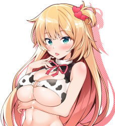 Rule 34 | 1girl, akai haato, animal print, arm under breasts, bare arms, bare shoulders, bell, bikini, blonde hair, blush, breasts, chinese zodiac, cleavage, cleavage cutout, clothing cutout, commentary request, cow girl, cow print, cream, hair ornament, heart, heart cutout, heart hair ornament, highres, hololive, inagita, large breasts, long hair, looking at viewer, navel, o-ring, o-ring bikini, open mouth, red ribbon, ribbon, sexually suggestive, solo, stomach, striped ribbon, suggestive fluid, swimsuit, tongue, tongue out, underboob, upper body, very long hair, virtual youtuber, white ribbon, year of the ox