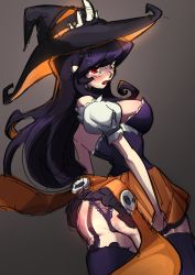 Rule 34 | 1girl, absurdres, alternate costume, ass, blush, bubene, cowboy shot, filia (skullgirls), garter straps, grey background, halloween, hat, highres, lace trim, long hair, looking at viewer, looking back, open mouth, panties, red eyes, skirt, skullgirls, solo, thighhighs, underwear, witch hat