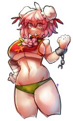 Rule 34 | absurdres, bandages, breasts, bun cover, chain, cleavage, clenched hand, emerald kitty, hair bun, hand on own hip, hand up, highres, huge breasts, ibaraki kasen, looking at viewer, open mouth, pink eyes, pink hair, sideboob, thick thighs, thighs, touhou, underboob