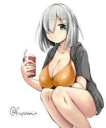 Rule 34 | 10s, 1girl, bikini, blue eyes, breasts, cup, disposable cup, female focus, fuyu mi, hair ornament, hair over one eye, hairclip, hamakaze (kancolle), hood, hoodie, kantai collection, large breasts, looking at viewer, orange bikini, short hair, silver hair, simple background, solo, squatting, swimsuit, white background