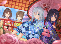 Rule 34 | 4girls, ;), ;o, akatsuki (kancolle), alternate costume, architecture, argyle, argyle clothes, argyle kimono, arms between legs, artist name, bamboo, blue eyes, blue kimono, blue sky, blurry, blurry foreground, blush, brown eyes, brown hair, building, checkered clothes, checkered kimono, clothes writing, cloud, day, depth of field, dutch angle, ears visible through hair, east asian architecture, eyelashes, fang, fence, floral print, flower, folded ponytail, grass, hair between eyes, hair flaps, hair ornament, hairclip, hibiki (kancolle), holding, holding umbrella, hugging own legs, ikazuchi (kancolle), inazuma (kancolle), japanese clothes, kadomatsu, kantai collection, kimono, long hair, long sleeves, looking at viewer, miko fly, multicolored umbrella, multiple girls, obi, oil-paper umbrella, one eye closed, open mouth, orange kimono, outdoors, petals, pink flower, pink petals, pink rose, pink umbrella, print kimono, purple eyes, purple hair, purple kimono, rose, rose petals, rose print, sash, shadow, short hair, sidelocks, signature, silver hair, sitting, sky, smile, standing, umbrella, v-shaped eyebrows, wide sleeves, wooden floor, yellow kimono