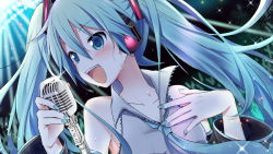 Rule 34 | aqua eyes, aqua hair, aqua nails, aqua necktie, audience, backlighting, bare shoulders, black sleeves, blurry, blurry background, blush, collarbone, commentary, concert, detached sleeves, glowstick, grey shirt, hair ornament, hatsune miku, headphones, holding, holding microphone, long hair, looking to the side, microphone, microphone stand, music, nail polish, necktie, open mouth, portrait, shirt, singing, sleeveless, sleeveless shirt, smile, solo, spotlight, sudachi (calendar), twintails, very long hair, vocaloid