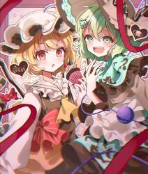 2girls absurdres alternate_costume ascot blonde_hair bow crystal_wings flandre_scarlet food frilled_shirt_collar frilled_sleeves frills gagaku_kawa_rei green_eyes green_hair green_nails hat hat_bow hat_ribbon heart highres komeiji_koishi long_sleeves looking_at_viewer mob_cap muffin multiple_girls open_mouth red_nails ribbon shirt short_hair sun_hat third_eye touhou wide_sleeves yellow_ascot