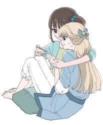 2girls arm_around_neck barefoot blonde_hair blue_eyes blue_jacket blunt_bangs bow brown_eyes brown_hair closed_mouth flower green_shirt hair_flower hair_ornament hair_up highres jacket knees_up long_hair long_sleeves multiple_girls nekoyashiki_mayu nekoyashiki_yuki omochi_011011 panties pants pillow precure shirt short_sleeves simple_background twintails underwear white_background white_panties wonderful_precure! yuri